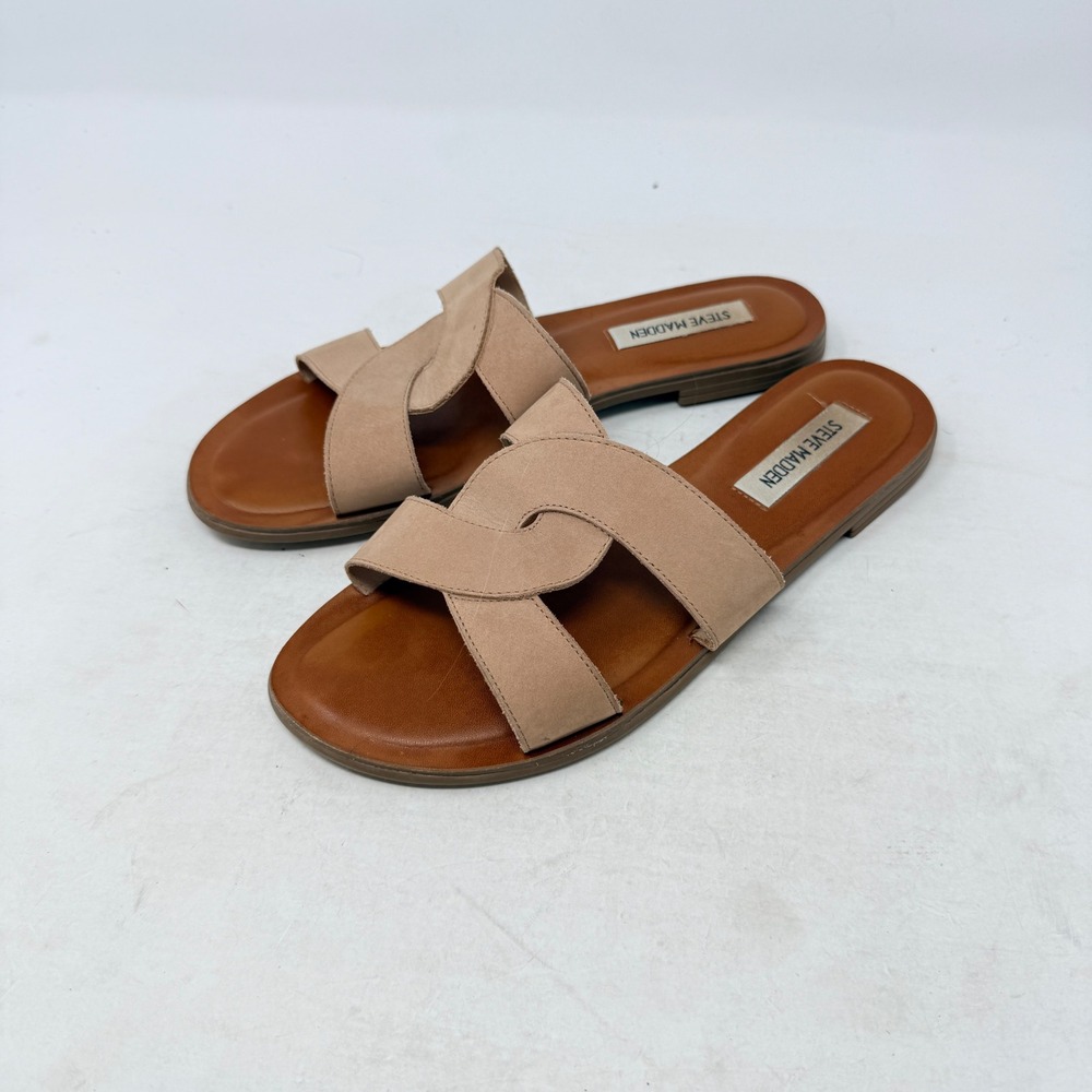 Steve Madden Slide Sandals Tan 7.5M Casual Summer Flat Boho Minimalist Chic